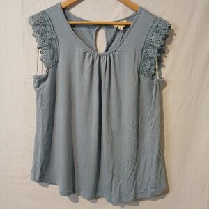 Flower & Feather Powder Blue Lace‎ Accent Blouse Top 3XL Fits Like 2XL
